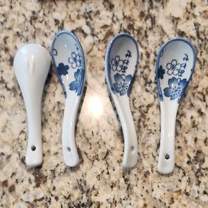 Set of Ceramic Asian Spoons with Blue Floral Design